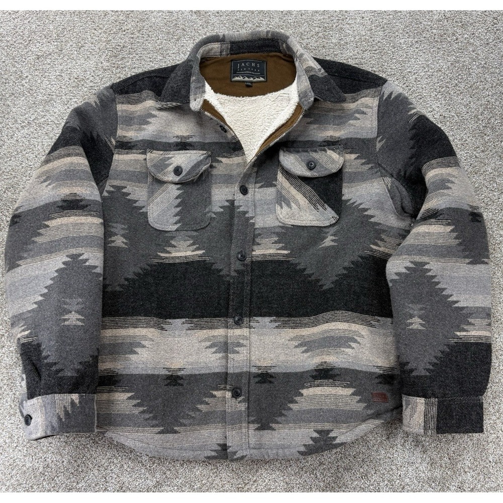 Jachs New York Shirt Jacket Mens XXL Gray Shacket Sherpa Lined Aztec Wool Blend